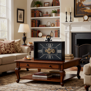Sunvega Black Gold Roman Numeral Gear Clock with Glass Case for Desk Decor