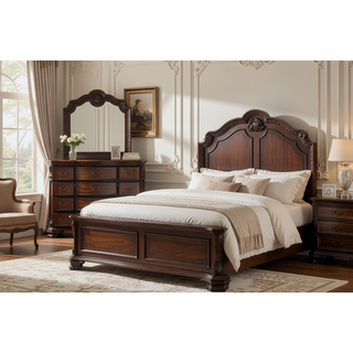 Sunvega Traditional Style Wood Frame Mirror with Elegant Carvings in Walnut Finish