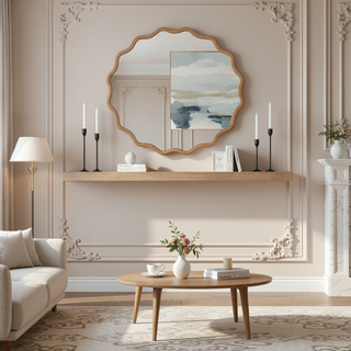 Sunvega Natural Wood Wavy Round Solid Wood Frame Decorative Mirror for Bedroom Bathroom