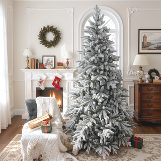 Sunvega Snow Flocked Artificial Christmas Tree with Foldable Metal Stand and Flame Retardant Branches