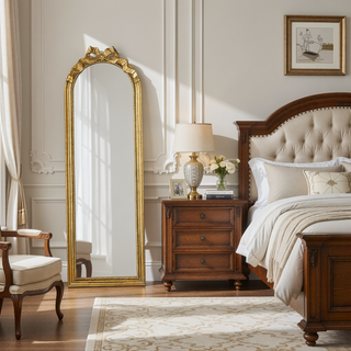 Sunvega Baroque Gold Arched Full Length Mirror with Scrollwork Crown for Living Room