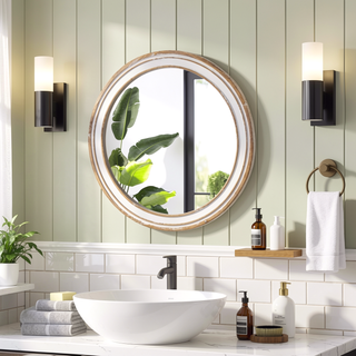 Sunvega 27.5 Inches Round Distressed Vintage Wooden Farmhouse Wall Mirror