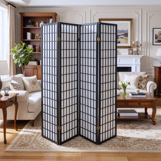 Sunvega Black 4-Panel Folding Shoji Screen Room Divider with White Paper Panels