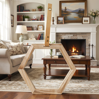 Sunvega Hexagon Wood Frame Wall Mirror with Leather for Entryway Living Room