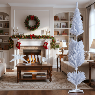 Sunvega Pencil Artificial Xmas Tree with Faux Snow Flocked Full Branch Tips Flame-retardant