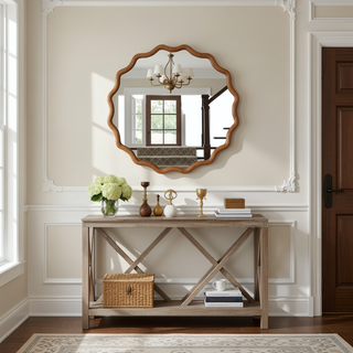 Sunvega Natural Wood Wavy Round Solid Wood Frame Decorative Mirror for Bedroom Bathroom