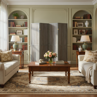 Sunvega 4-Panel Folding Screen with Grey Driftwood Finish and Sleek Legs
