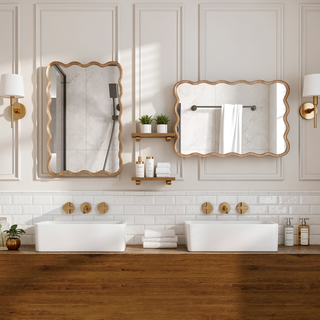 Sunvega Natural Wood Wavy Rectangle Solid Wood Frame Decorative Mirror For Any Room