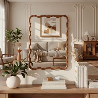 Sunvega Wavy Rectangle Solid Wood Frame Decorative Mirror with Clear Reflection for Bedroom