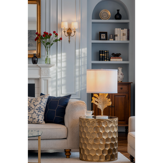 Sunvega Gold and White Leaf Design Table Lamp with Marble Base and Fabric Shade