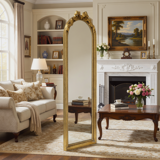 Sunvega Baroque Gold Arched Full Length Mirror with Scrollwork Crown for Living Room