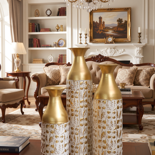 Sunvega Gilded White 3D Relief Flower Metal Cylinder Vase Set for Home Décor