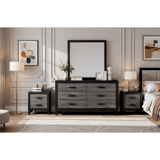 Sunvega Two-Tone Dark Gray and Black Queen Size Bed with Wood Inlay