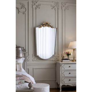 Sunvega Large Rectangular Full Length Mirror with Distressed Ivory Frame and Gold Floral Crown
