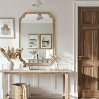 Sunvega Yellowish Brown Solid Wood Frame Rounded Corner Decorative Mirror for Bathroom Bedroom