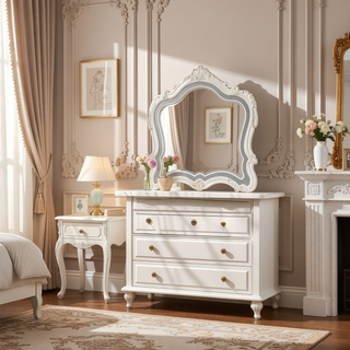 Sunvega Pearl White Finish Nightstand with Granite Top and Two Spacious Drawers