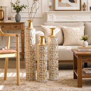 Sunvega Gilded White 3D Relief Flower Metal Cylinder Vase Set for Home Décor
