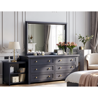 Sunvega Modern Black Wood Veneer Nightstand with Two Drawers for Bedroom