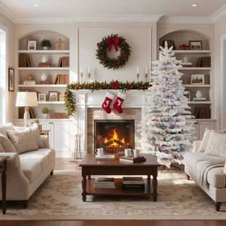 Sunvega Pencil Artificial Xmas Tree with Faux Snow Flocked Full Branch Tips Flame-retardant