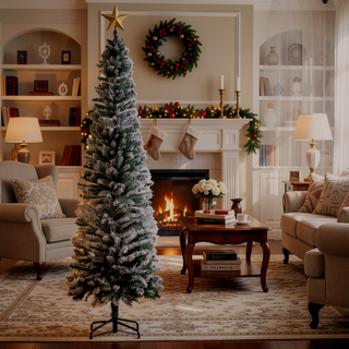 Sunvega Pencil Artificial Xmas Tree with Faux Snow Flocked Full Branch Tips Flame-retardant
