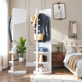 Sunvega 360° Rotating Full Length Mirror with Solid Wood Hook Storage Rack for Bedroom