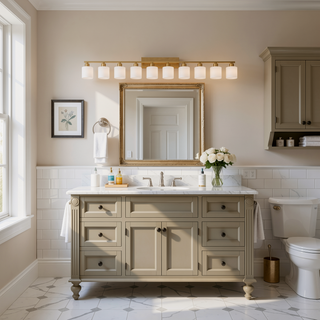 Sunvega Gold Vanity Light Fixture with Milky White Glass Shade for Mirror Bathroom