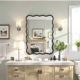 Sunvega Farmhouse Art Deco Wavy Wood Mirror Frame Wall Decor for Bathroom