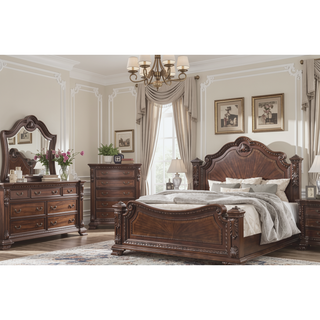 Sunvega Traditional Style Wood Frame Mirror with Elegant Carvings in Walnut Finish