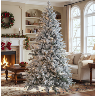 Sunvega Pencil Artificial Xmas Tree with Faux Snow Flocked Full Branch Tips Flame-retardant