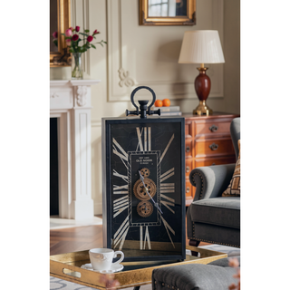 Sunvega Black Gold Roman Numeral Gear Clock with Glass Case for Desk Decor