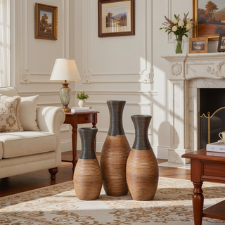Sunvega Hand-Woven PVC Rattan Vases Set of 3 Brown Farmhouse Floor Decor
