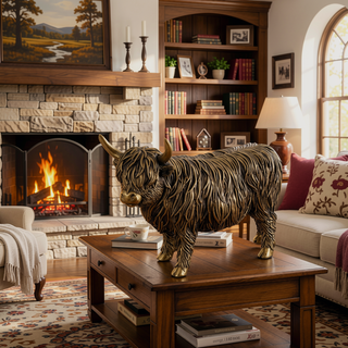 Sunvega Lifelike Highland Cow Statue with Rich Bronze Finish for Tabletop