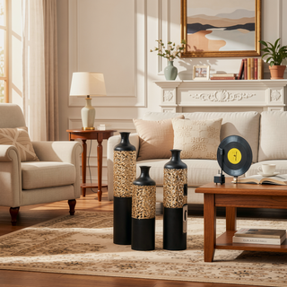 Sunvega Gilded White 3D Relief Flower Metal Cylinder Vase Set for Home Décor