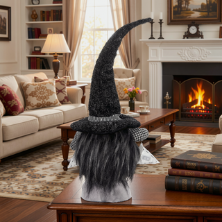 Sunvega Handcrafted 4.3x4x26.8 Inch Fabric Sitting Black Gnome With Broomstick