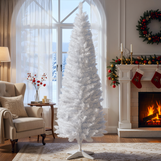 Sunvega Pencil Artificial Xmas Tree with Faux Snow Flocked Full Branch Tips Flame-retardant