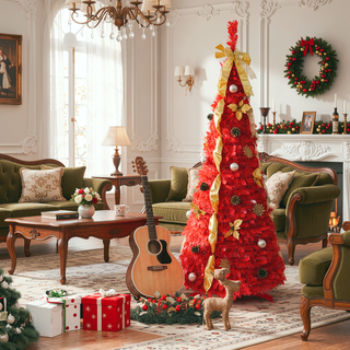 Sunvega 6FT Red Pop-Up Pre-Lit Christmas Tree with 150 Warm White LED Lights