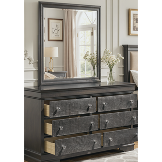 Sunvega Modern Gray Gunmetal Wood Mirror with Smooth Finish for Bedroom