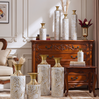 Sunvega Gilded White 3D Relief Flower Metal Cylinder Vase Set for Home Décor