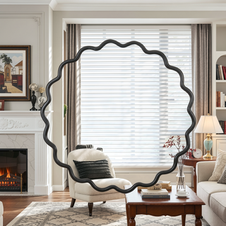 Sunvega Farmhouse Art Deco Wavy Wood Mirror Frame Wall Decor for Bathroom