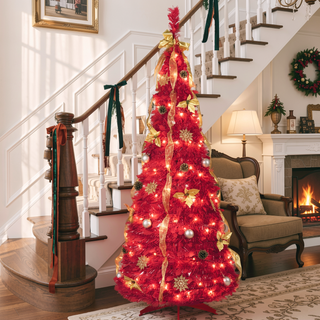 Sunvega 6FT Red Pop-Up Pre-Lit Christmas Tree with 150 Warm White LED Lights