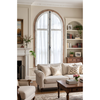 Sunvega Distressed White Arch Wood Wall Mirror Inspired by Window Frame