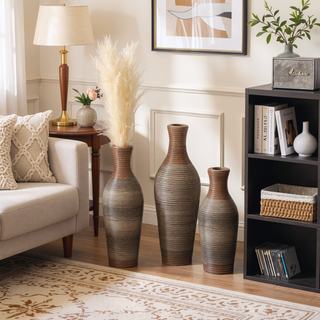 Sunvega Hand-Woven PVC Rattan Vases Set of 3 Brown Farmhouse Floor Decor