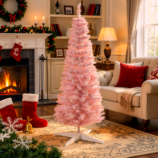Sunvega Pencil Artificial Xmas Tree with Faux Snow Flocked Full Branch Tips Flame-retardant