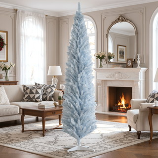 Sunvega Pencil Artificial Xmas Tree with Faux Snow Flocked Full Branch Tips Flame-retardant