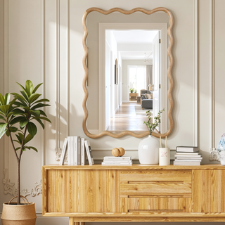 Sunvega Natural Wood Wavy Rectangle Solid Wood Frame Decorative Mirror For Any Room