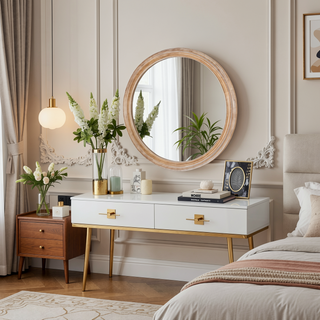 Sunvega 27.5 Inches Round Distressed Vintage Wooden Farmhouse Wall Mirror