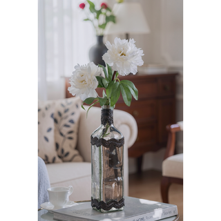 Sunvega Antique Silver Glass Bottle Vase with Bronze Leaf Accents for Home Decor