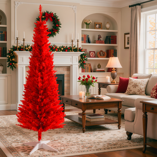 Sunvega Pencil Artificial Xmas Tree with Faux Snow Flocked Full Branch Tips Flame-retardant