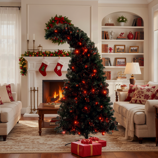 Sunvega 6FT Pre-Lit Artificial Christmas Tree with LED Lights and Curved Top