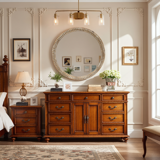 Sunvega 31.50" Round Distressed Wood Beaded Frame Farmhouse Accent Mirror